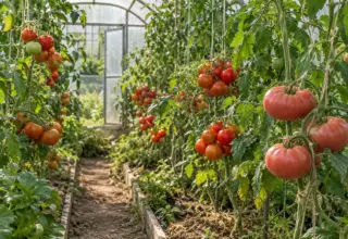 Томаты на подвязанных кустах в летней теплице